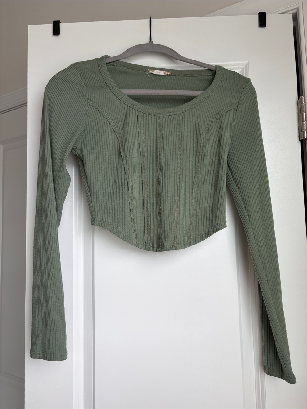 Altar'd State Sage Ribbed Long-Sleeve Cropped Top